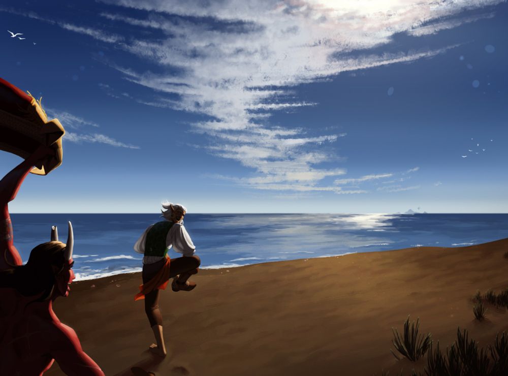 An illustration of my dnd charcter Deirel (sailor elf with tan skin and white hair) and his friend (sailor tiefling with dark messy hair and red skin) running to the beach. The are running and laughing while they get ready to dive in the sea. In the horizon a little island with a dragon can be seen, a foreshadowing of the future adventure of Deirel and the campaing I'm playing right now 
