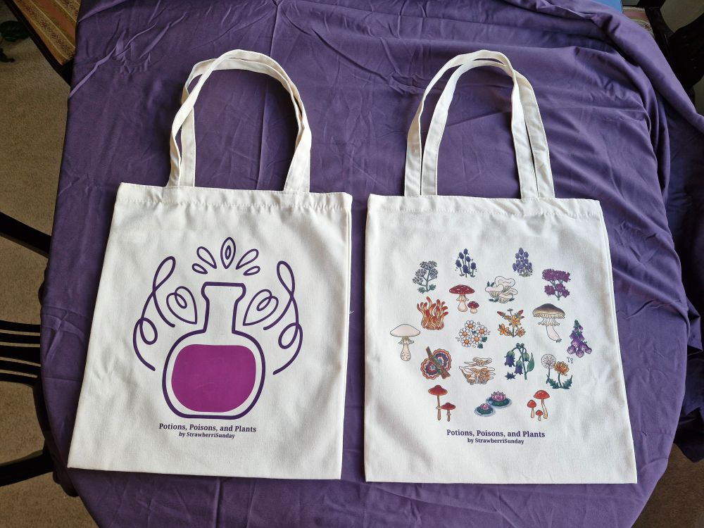 A tote bag with designs from Potions, Poisons, and Plants.