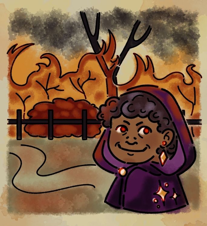 A person looking over their shoulder with a garden burning in the background.
