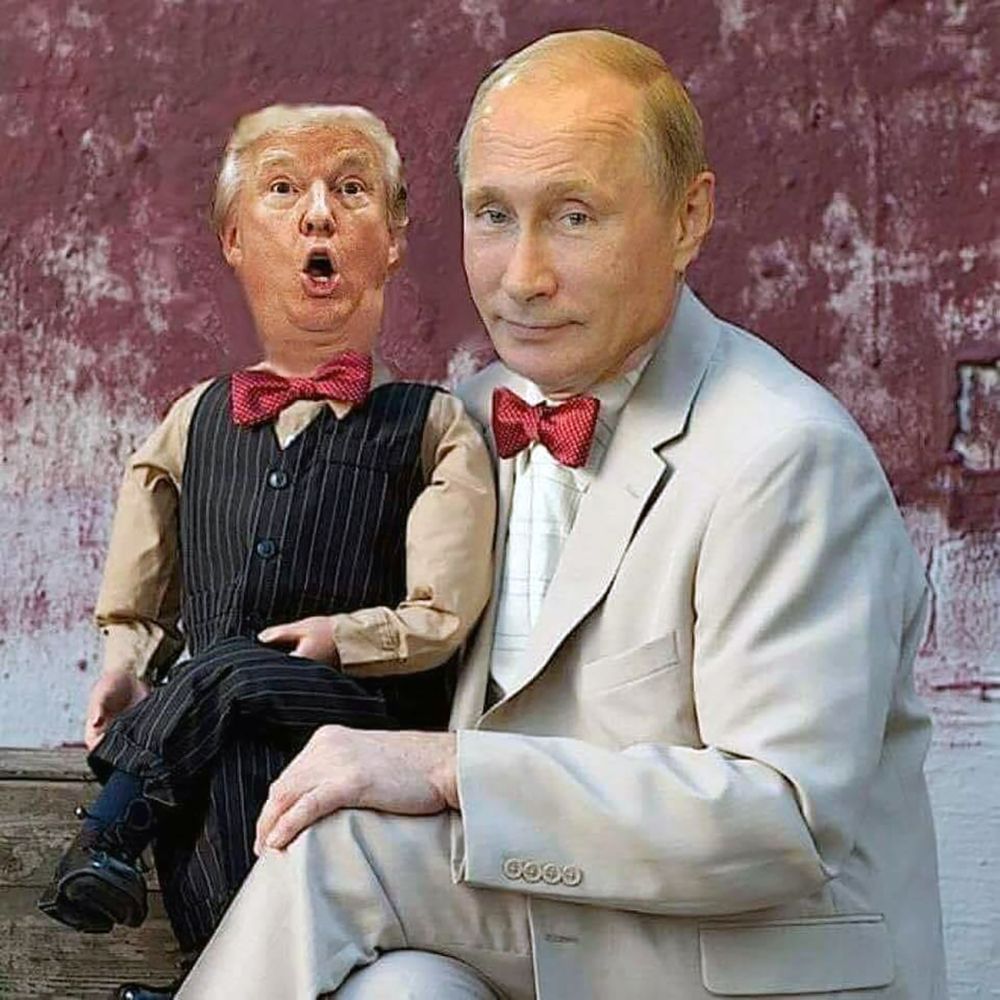 putin sitting with Trump on his lap as a ventriloquist's dummy