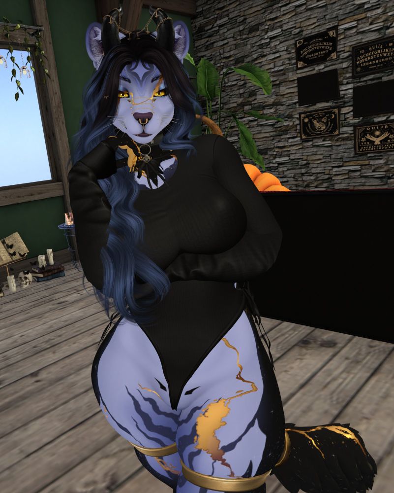 Anthro tigress with kintsugi markings showing of sexy black bodysuit