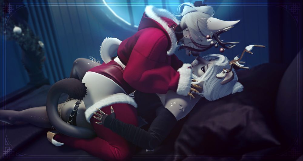 jackelope wife dressed in red comfy outfit straddling cougar in bed for a tender moment