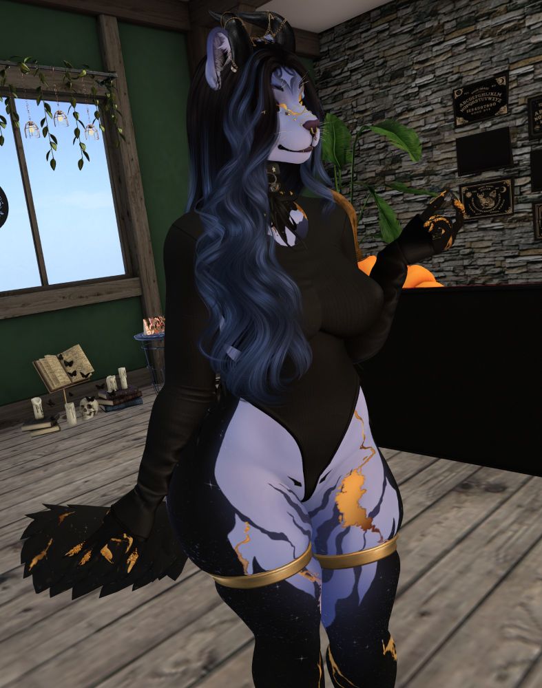 Anthro tigress with kintsugi markings showing of sexy black bodysuit