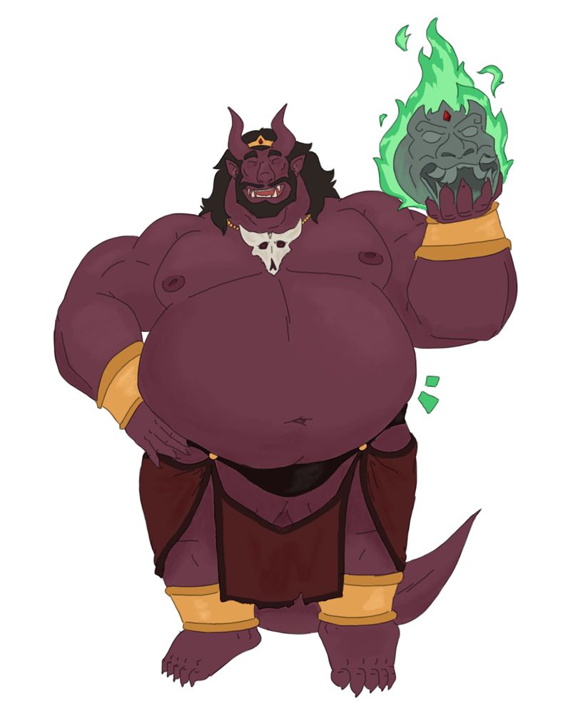 King Thynerias, a heavyset fat tiefling. His robes seems a little big for him but he can shift his size to adjust to whatever the situation calls for. He carries his royal heirloom in his left hand.