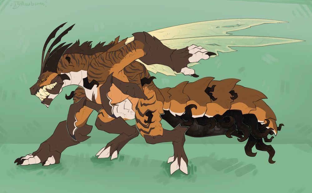 A monstrous, bug-like creature. It's mostly orange and browns, a pair of antenna on its head, horns and mandibles framing it's toothy grin and four eyes. It has four arms, two of them having changed into scythe like arms, much like a preying mantis. Wings and an abdomen stick out behind it, the wings mostly translucent and the abdomen having split to reveal a writhing mass of black gooey parasites. The underside of the abdomen is clear and shows off how full of those writhing "tentacles" it is. 