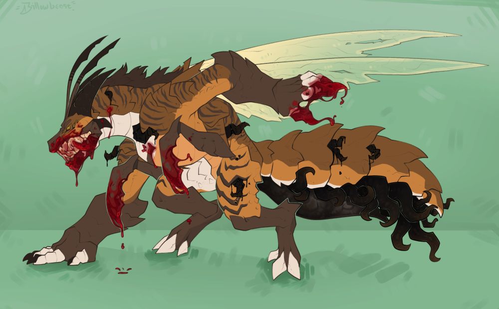 A monstrous, bug-like creature. It's mostly orange and browns, a pair of antenna on its head, horns and mandibles framing it's toothy grin and four eyes. It has four arms, two of them having changed into scythe like arms, much like a preying mantis. Wings and an abdomen stick out behind it, the wings mostly translucent and the abdomen having split to reveal a writhing mass of black gooey parasites. The underside of the abdomen is clear and shows off how full of those writhing "tentacles" it is. There is blood coating the two scythe arms and one of its normal ones, as well as a smattering of blood on its face. There is also extra goo oozing from the various parasites pushing through it's carapace. 