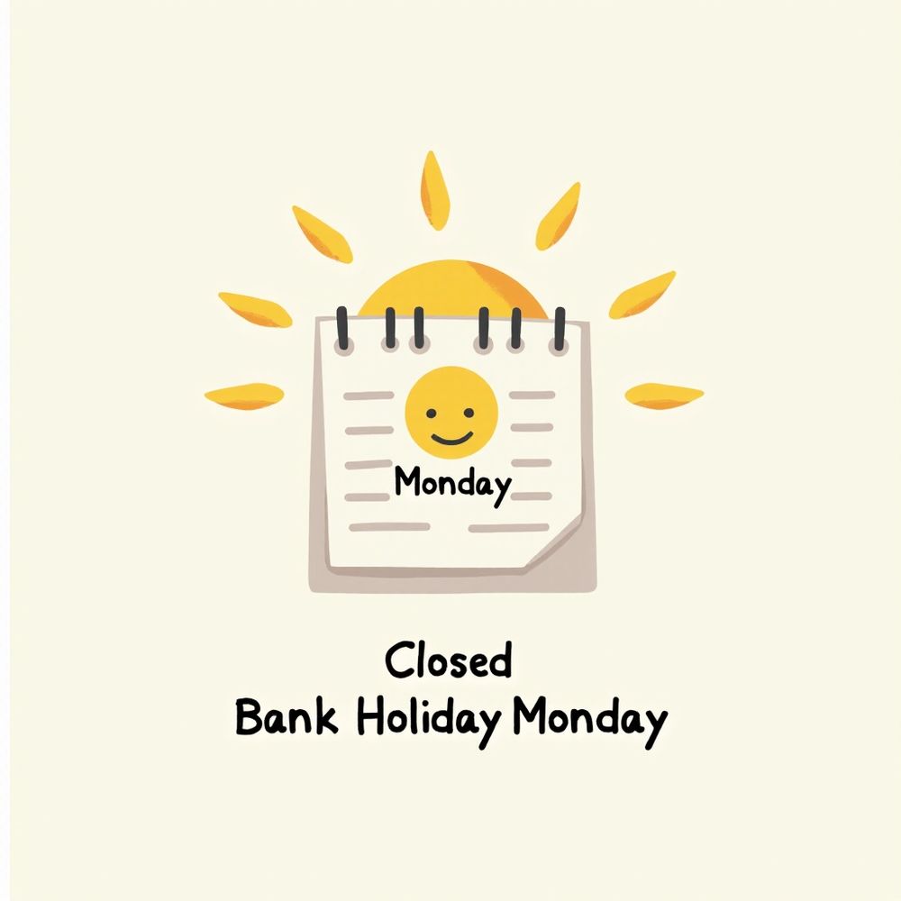 AI-Generated image - a calendar with a smiling yellow face proclaims "Monday", while from behind it, the sun peeks.    Under the calendar are the words "Closed Bank Holiday Monday)
