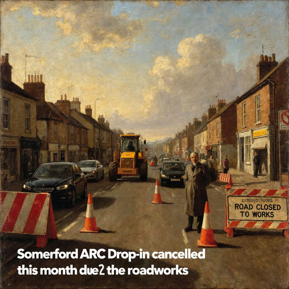 AI-Generated image in the style of a traditional oil painting.  A scene of a suburban street with roadworks and traffic, set under a sky blue and fluffy white clouds.  The road, lined with houses, stretches from the foreground, disappearing into the haze of the middle-distance.  
In the foreground, the road is blocked off by orange cones and roadwork signs.  The text in the bottom of the image reads, "Somerford ARC Drop-in cancelled due 2 the roadworks."
