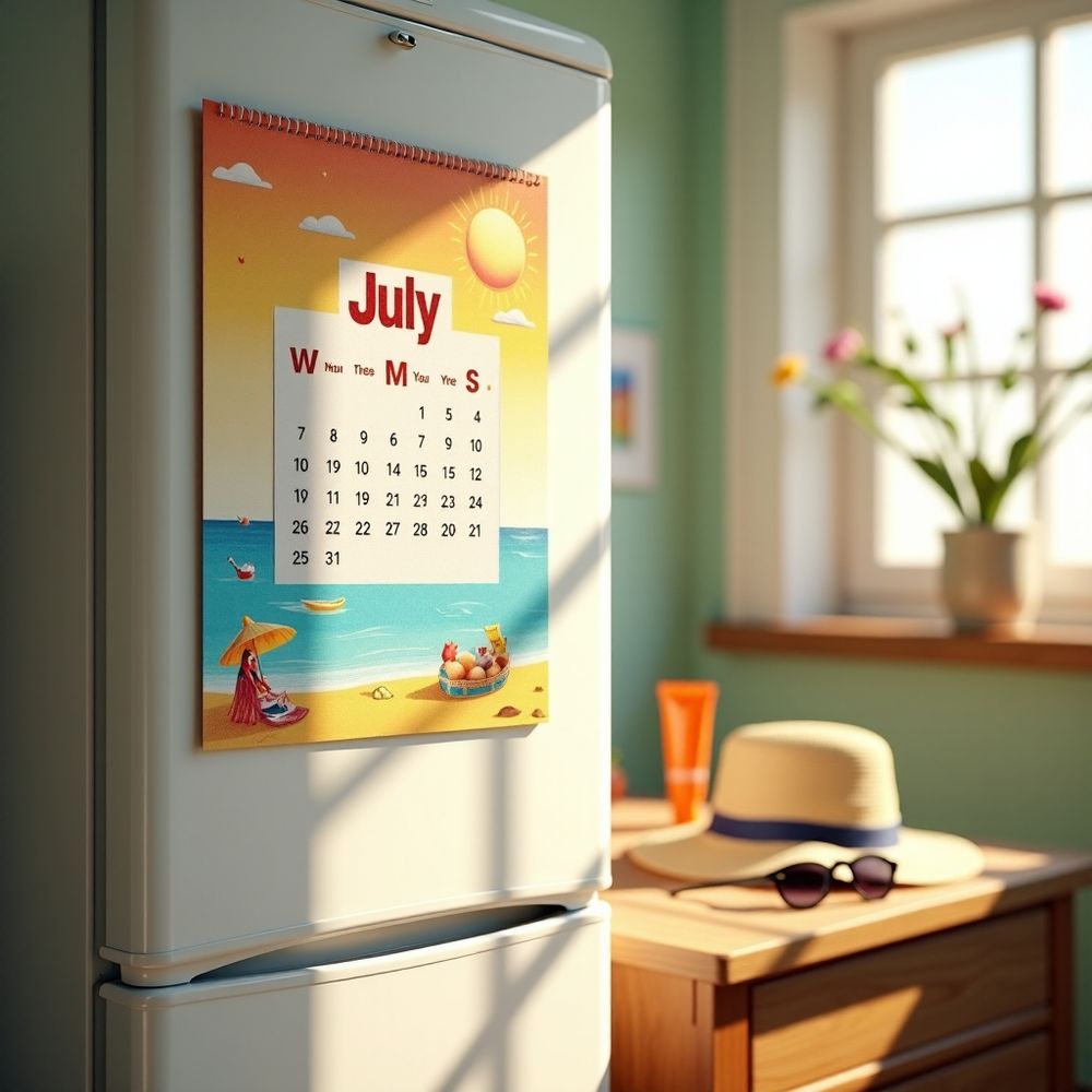 AI-Generated image: A brightly lit kitchen scene showing a calendar for the month of July hanging on a white refrigerator. The calendar features an illustration of a sunny beach with people relaxing under umbrellas.  In the blurred background, a wooden table holds a straw hat, a pair of sunglasses, and an orange bottle of suncream. Sunlight streams through a window, illuminating a vase of flowers on the windowsill and casting light on the fridge.