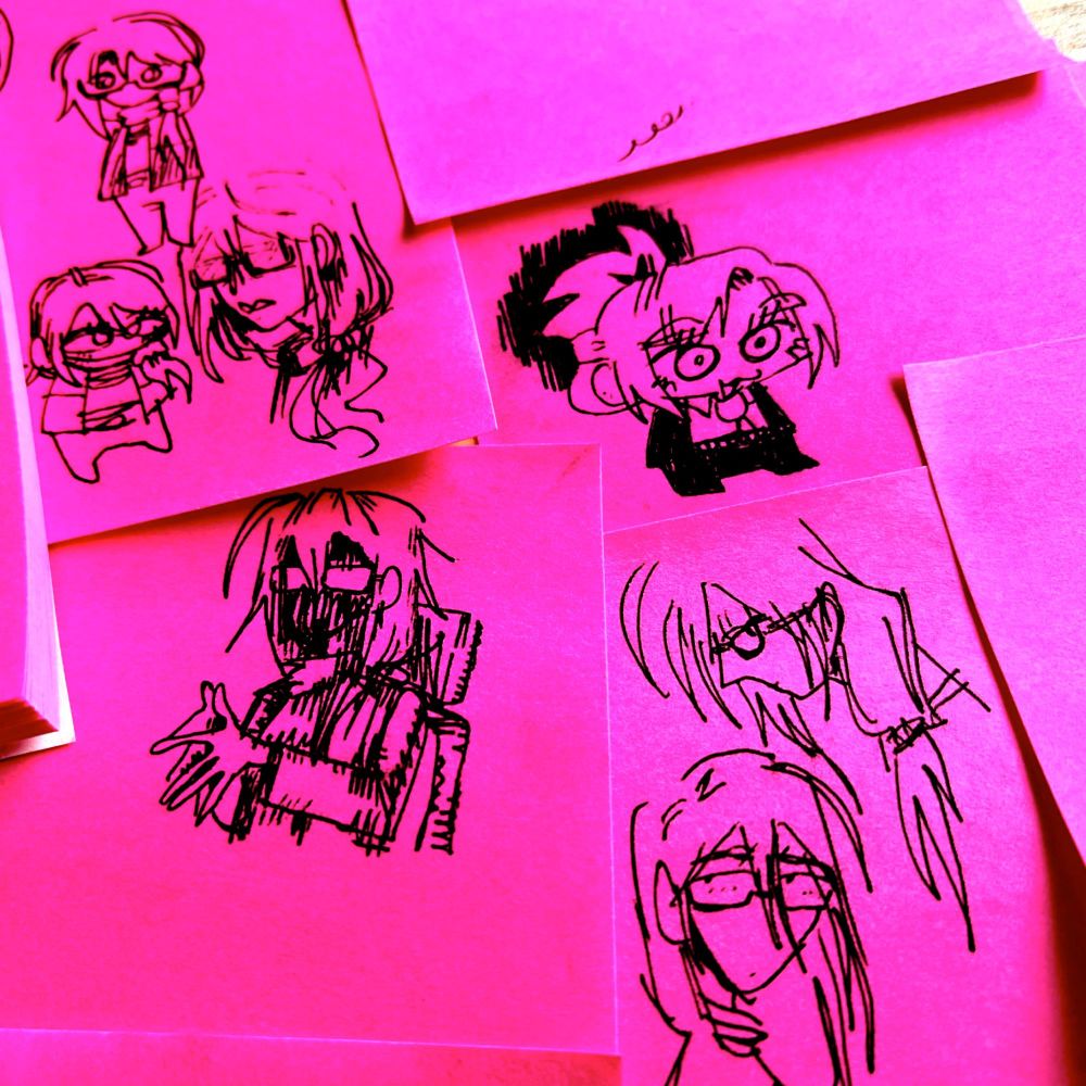miscellaneous doodles of morgan and david on sticky notes.