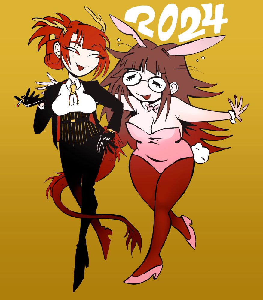 LNY 2024-themed of the Devil art. A tipsy Emma Rockford in a bunny suit walks alongside a grinning Morgan Ofthedevil, who is dressed normally with the addition of dragon horns, a tail and a cute fang.