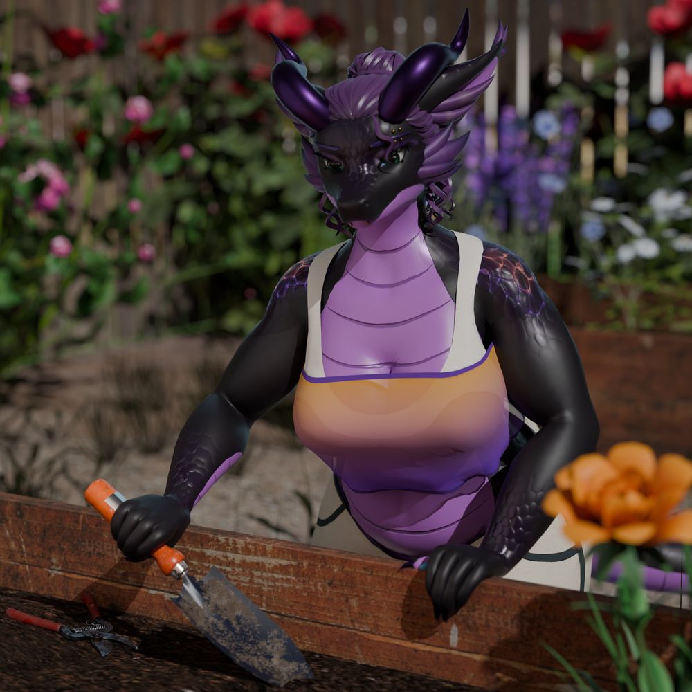 A chubby purple and black dragon milf is digging in her garden, surrounded by flowers.