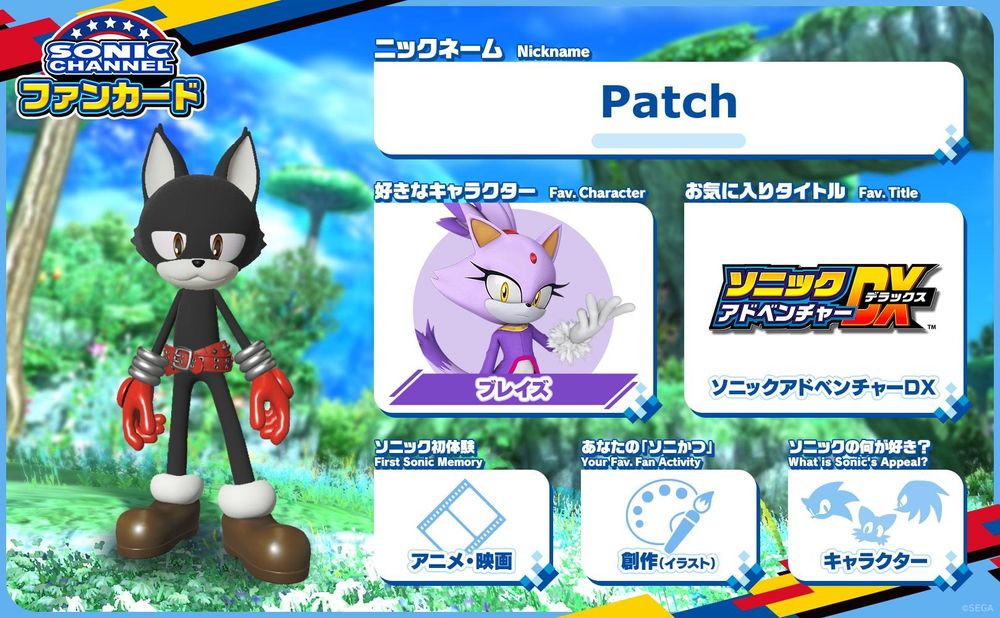 A fan card made using the sonic channel fan card maker. The sonic oc on here is my fursona, Patch.