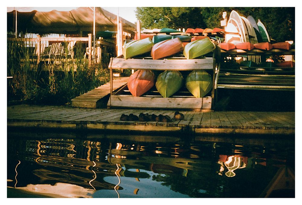 Photograph of the dock at Bay Creek, with seated ducks. Brightly colored kayaks on the racks in the background.