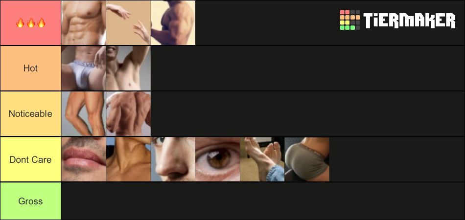 Tiermaker with list of masculine features ranked fire emoji, hot, noticeable, don’t care and gross 