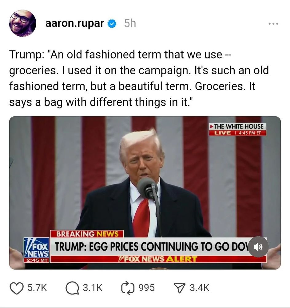 The image shows president Trump speaking on Fox News against an American flag background. The text, which is quoting the president, reads, "Trump: An old fashioned term that we use -- groceries. I used it on the campaign. It's such an old fashioned term, but a beautiful term. Groceries. It says a bag with different things in it.: