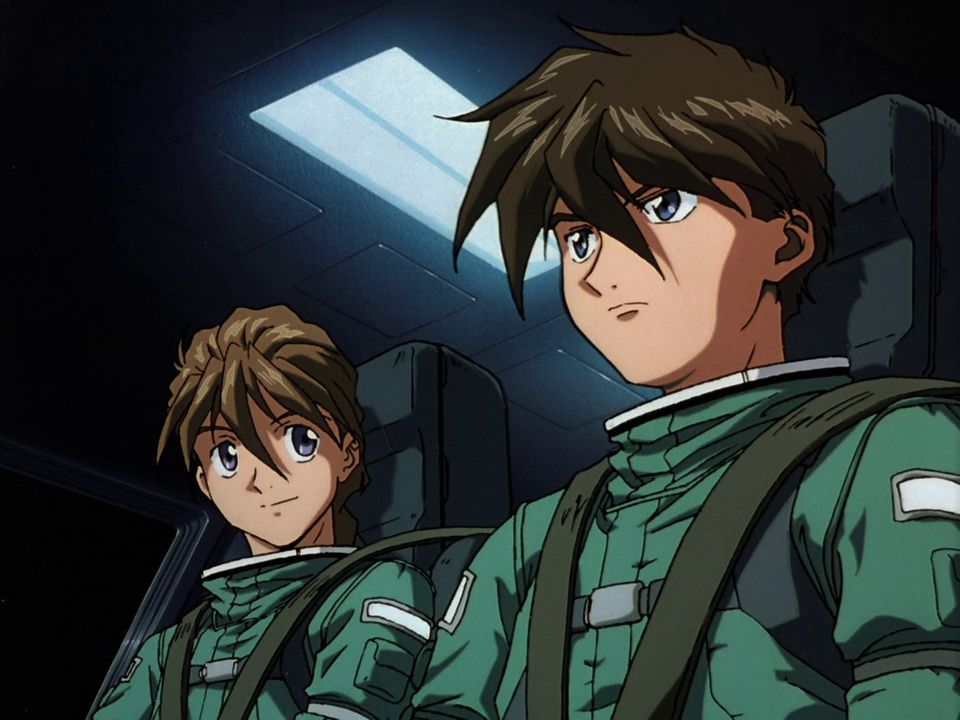 Duo and Heero from Gundam Wing in spacesuits