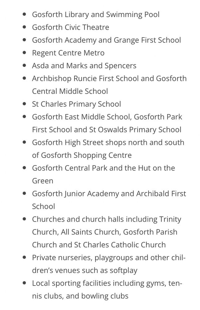 Long list of destinations in Gosforth from the blog including schools, shops, churches & sport facilities.