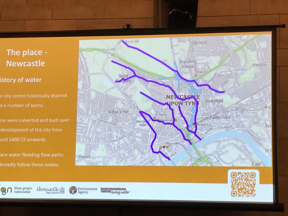 Map of the Newcastle burns (buried streams running through the City Centre) from the Blue Green project presentation at the Climate Change forum. One runs across the Town Moor to the City Stadium.