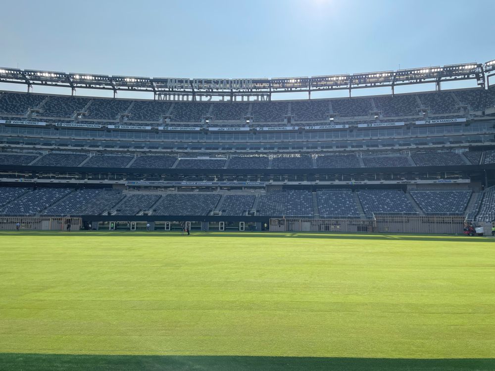 the newly laid out grass surface at MetLife Stadium ahead of the Club World Cup