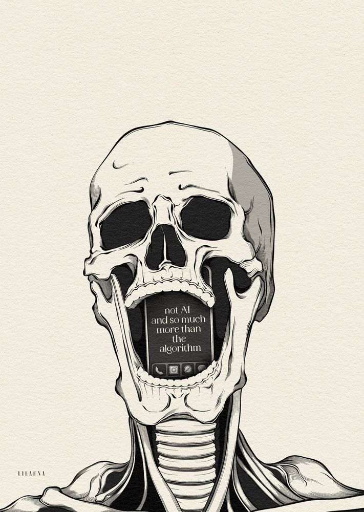 A black and white skull illustration with a phone reading “not AI and so much more than the algorithm”, procreate drawing, skull drawing, artwork, lineart, linework, tattoo inspiration, procreate artist, illustrative art, skeleton artwork, skeleton, draw, artworks, lineartwork, line artist, black inked art, black, white, drawings, sketching, digital art, inking, societal critique, digitalisation, AI, criticism, critical thinking, lines, procreate art, female artist, contrasting, contrast art, phone drawing, skulls, skull, algorithm 
