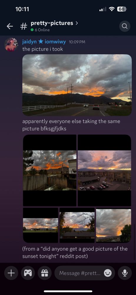 Altogether, a group of photos from a bunch of people capturing the same gorgeous sunset in Colorado Springs tonight (I took it because the sky had the iconic blues and oranges of an Opalite; the sun falling behind the mountains is lighting up some of the clouds a bright orange while the rest of the sky is a light blue and filled with huge clouds). The screenshot is from a Discord channel called Pretty Pictures. I start by saying “the picture i took” and sending mine, then “apparently everyone else taking the same picture” followed by five more photos of different angles of the sunset from around the city. I add the context “from a ‘did anyone get a good picture of the sunset tonight’ reddit post.”