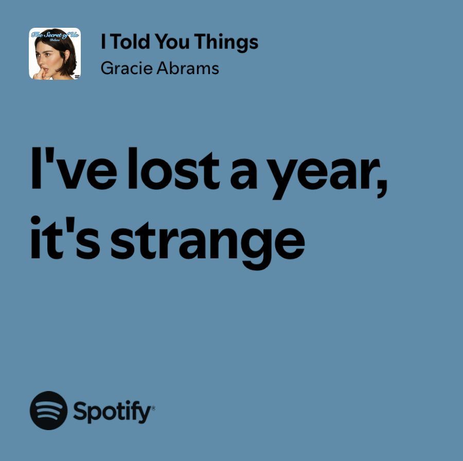 “I’ve lost a year, it’s strange”
A Spotify lyric share from I Told You Things by Gracie Abrams