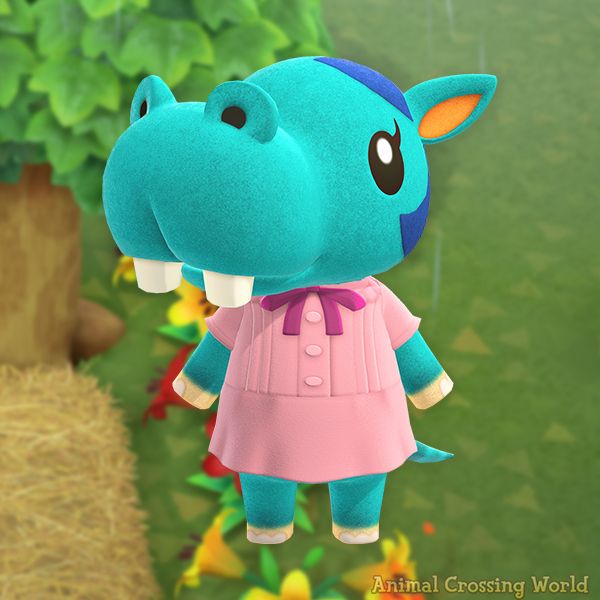 Bertha, a teal hippo from Animal Crossing. She’s wearing a pink, cute dress to fit her favorite color and style.