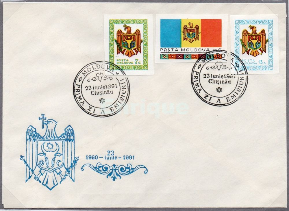 モルダヴィア・ソビエト社会主義共和国の主権宣言(1990.6.23)1年後に発行。

この一番切手は国内と旧ソ連諸国宛に有効だった。
額面はソビエト連邦ルーブル。
おそらく7コペイカが葉書用、13コペイカが書状、30コペイカが書留料金


FDC of the first stamps of Moldova (Michel Nos. 1–3)
23 June 1991
Issued one year after the Declaration of Sovereignty of the Moldavian Soviet Socialist Republic (23 June 1990).

These stamps were valid for domestic postage and mail sent to former USSR countries.
Face values in Soviet rubles.
Possibly 7 kopeks for postcards, 13k for letters, and 30k for registration fee.