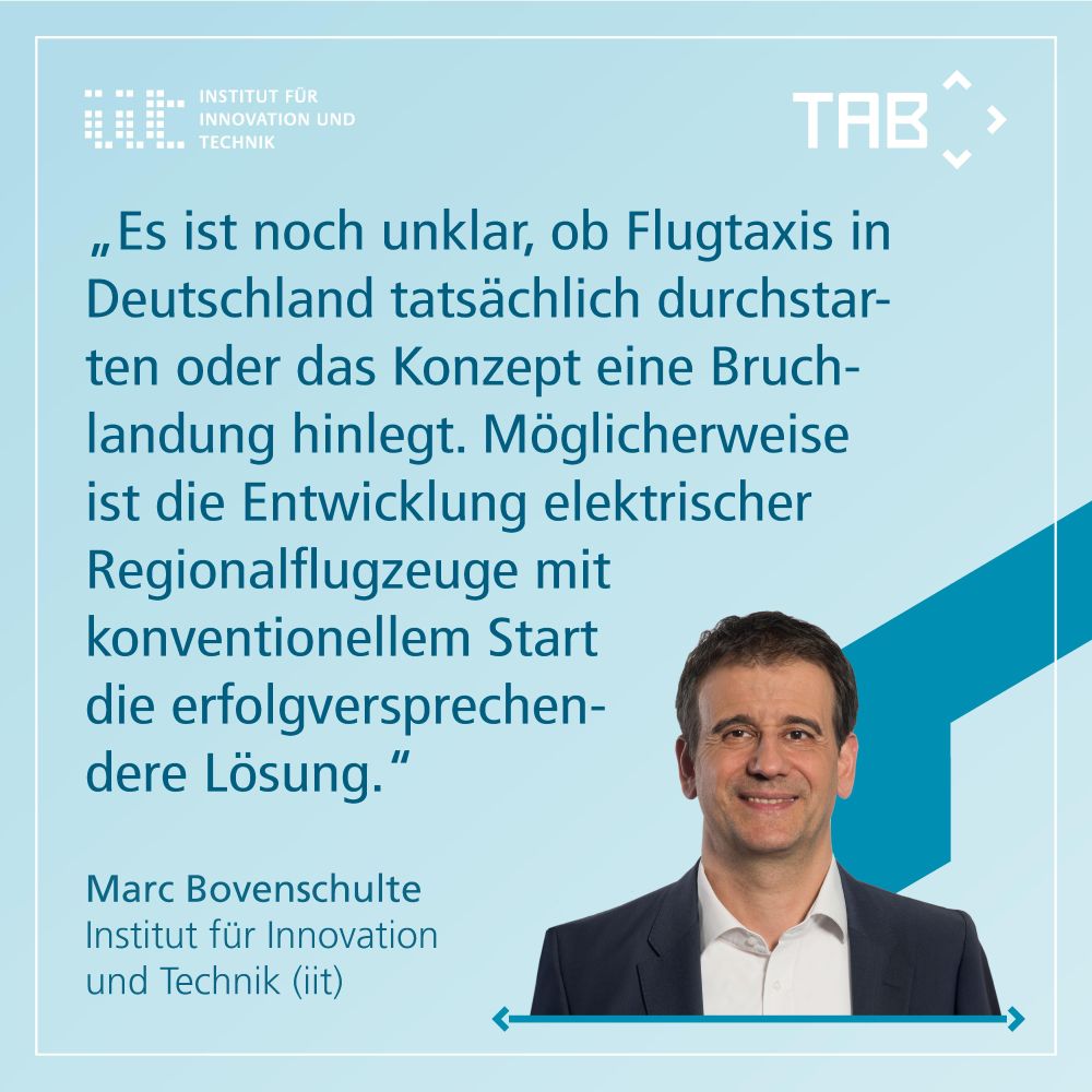 „Es ist noch unklar, ob Flugtaxis in Deutschland tatsächlich durchstarten oder das Konzept eine Bruchlandung hinlegt. Möglicherweise ist die Entwicklung elektrischer Regionalflugzeuge mit konventionellem Start die erfolgversprechendere Lösung.“

Marc Bovenschulte, Institut für Innovation und Technik (iit)