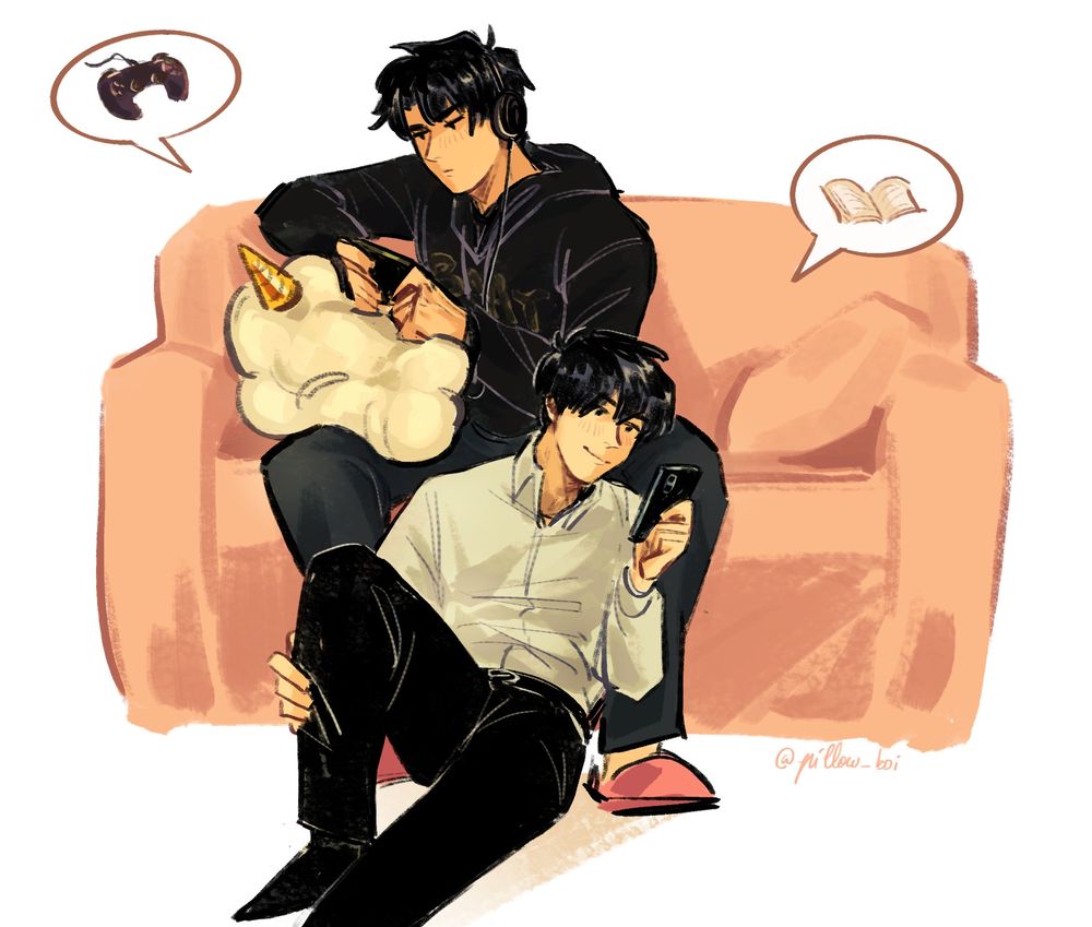 Kim dokja and yoo joonghyuk playing video games/reading on the sofa