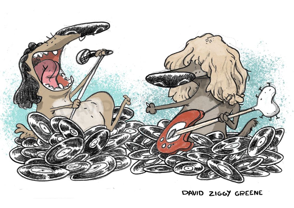 drawing of two cool dogs sitting in a pile of records. One has dark hair singing to a microphone. The other has blonde hair playing a red guitar