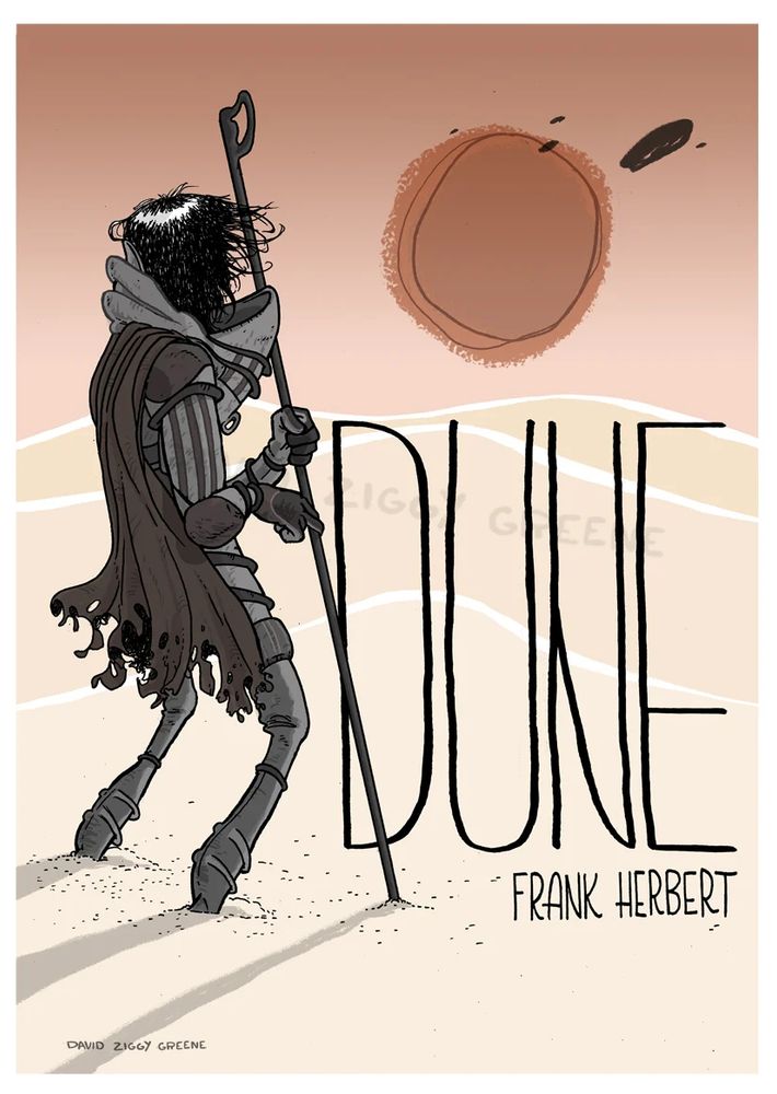 Dune cover tribute. Paul Atreides looking into the distance over dunes as black ships are in the sky.