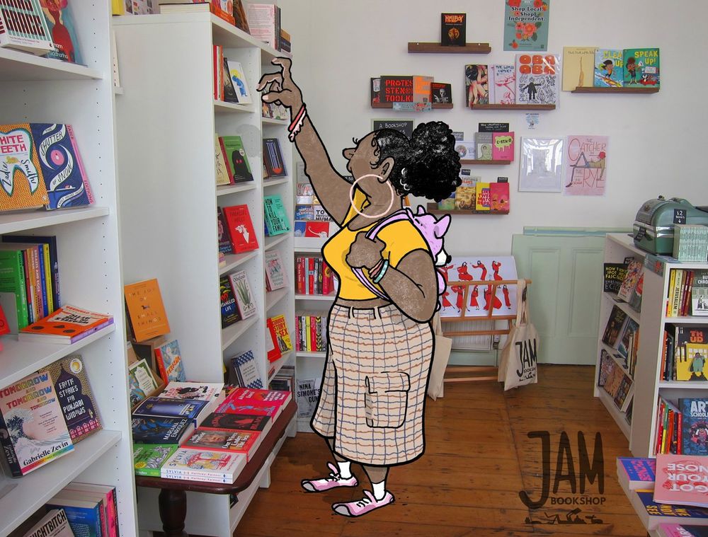 Cartoon of woman on photo background of bookshop reaching for books. Black woman in yellow top.