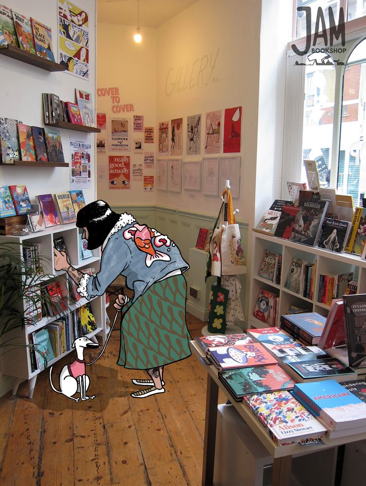 Cartoon of woman on photo background of bookshop reaching for books. White woman in denim jacket. With a white dog.