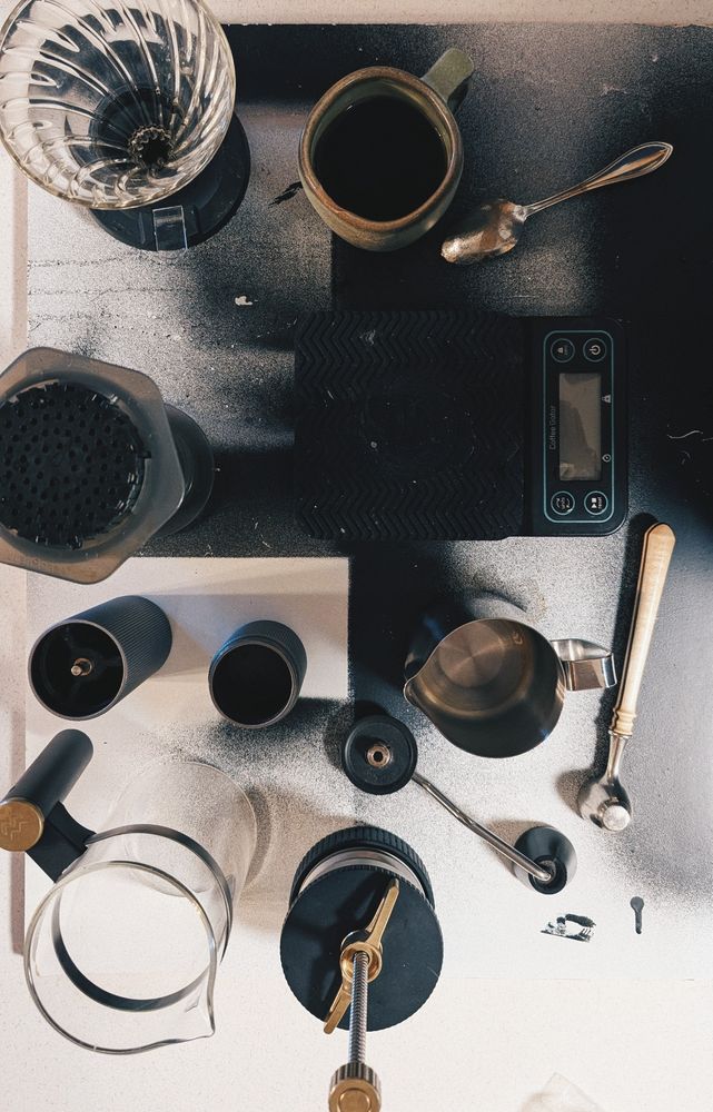 Aerial view of various coffee brewing gear