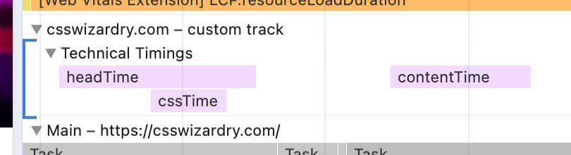Screenshot of Chrome DevTools’ Performance panel showing a custom track titled ‘csswizardry.com — custom track’, with a nested group ‘Technical Timings’. Within the group are three visible timing bars labeled `headTime`, `cssTime`, and `contentTime`, each rendered as light purple horizontal spans. Below this custom track is the ‘Main’ thread track, displaying standard task activity.