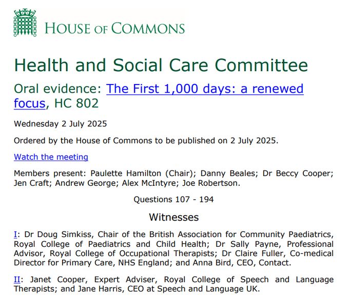 Screenshot of a transcript of oral evidence to the Health and Social Care Select Committee's inquiry on the The First 1,000 days.