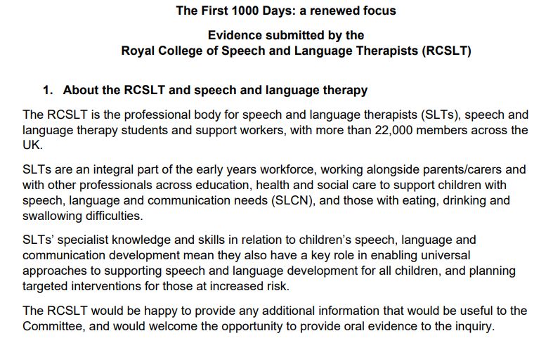 Screenshot of RCSLT written evidence to the Health and Social Care Select Committee's inquiry on The First 1000 Days.