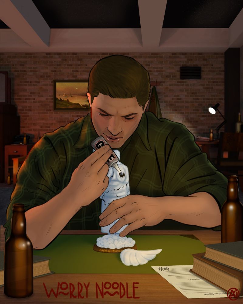 Dean Winchester, sitting at his desk in his room, gluing together a porcelain angel that resembles Castiel.