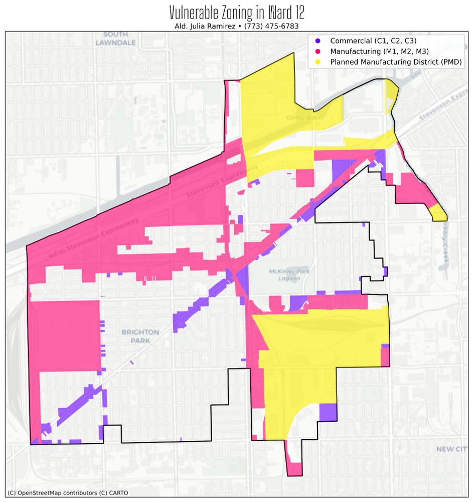 a map color coded to show zoning affected by the cumulative impacts ordinance labeled 

Vulnerable Zoning in Ward 12
Ald. Julia Ramirez • (773) 475-6783

purple: commercial (c1, c2, c3) 
pink: manufacturing (m1, m2, m3) 
yellow: planned manufacturing district (PMD)