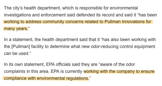 The city's health department, which is responsible for environmental investigations and enforcement said defended its record and said it "has been working to address community concerns related to Pullman Innovations for many years."
In a statement, the health department said that it "has also been working with the [Pullman] facility to determine what new odor-reducing control equipment can be used."
In its own statement, EPA officials said they are "aware of the odor complaints in this area. EPA is currently working with the company to ensure compliance with environmental regulations."