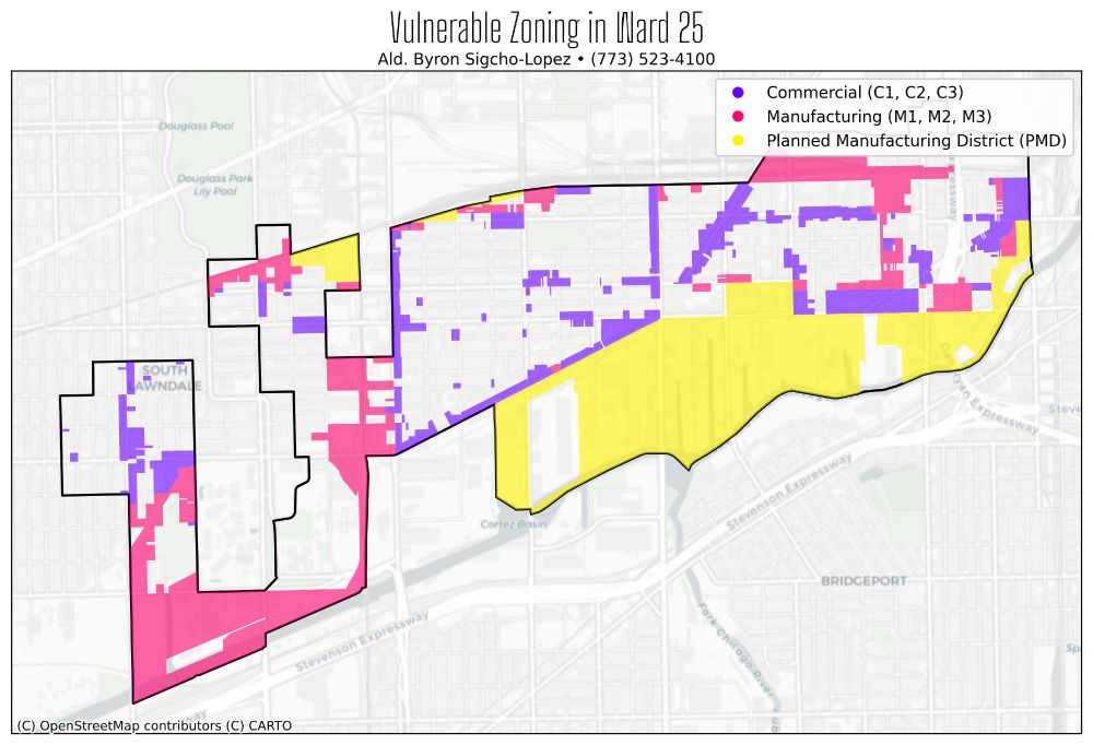 a map color coded to show zoning affected by the cumulative impacts ordinance labeled 

Vulnerable Zoning in Ward 25
Ald. Byron Sigcho-Lopez • (773) 523-4100

purple: commercial (c1, c2, c3) 
pink: manufacturing (m1, m2, m3) 
yellow: planned manufacturing district (PMD)