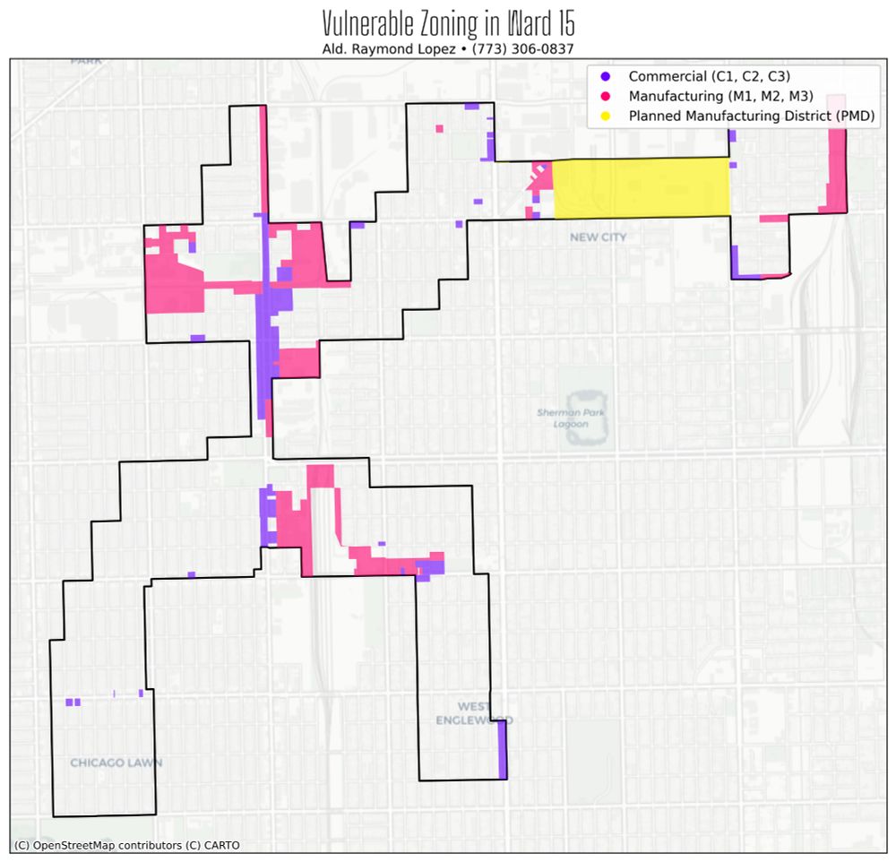 a map color coded to show zoning affected by the cumulative impacts ordinance labeled 

Vulnerable Zoning in Ward 15
Ald. Raymond Lopez • (773) 306-0837

purple: commercial (c1, c2, c3) 
pink: manufacturing (m1, m2, m3) 
yellow: planned manufacturing district (PMD)