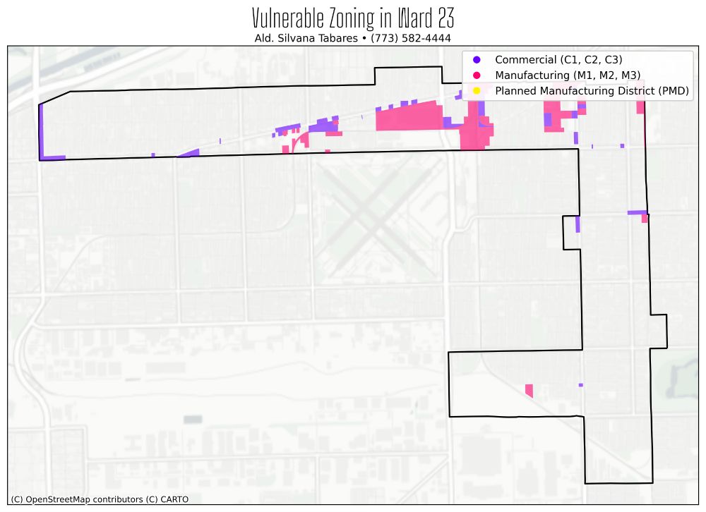 a map color coded to show zoning affected by the cumulative impacts ordinance labeled 

Vulnerable Zoning in Ward 23
Ald. Silvana Tabares • (773) 582-4444

purple: commercial (c1, c2, c3) 
pink: manufacturing (m1, m2, m3) 
yellow: planned manufacturing district (PMD)