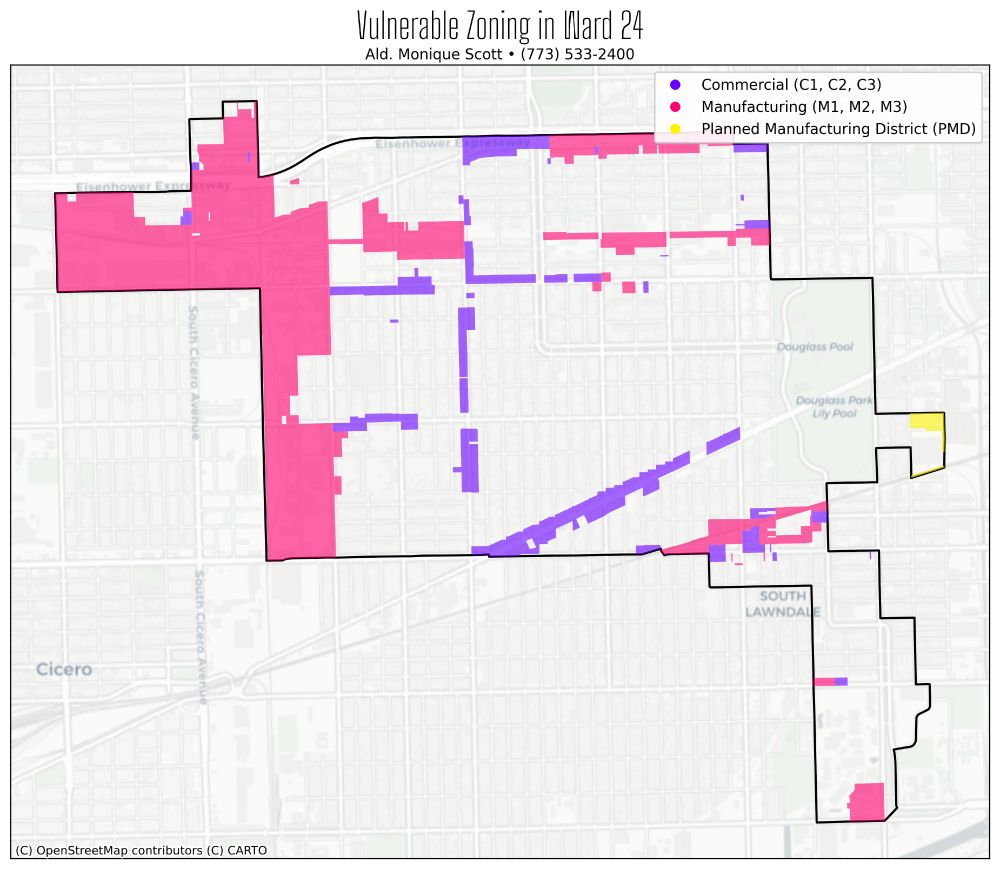 a map color coded to show zoning affected by the cumulative impacts ordinance labeled 

Vulnerable Zoning in Ward 24
Ald. Monique Scott • (773) 533-2400

purple: commercial (c1, c2, c3) 
pink: manufacturing (m1, m2, m3) 
yellow: planned manufacturing district (PMD)