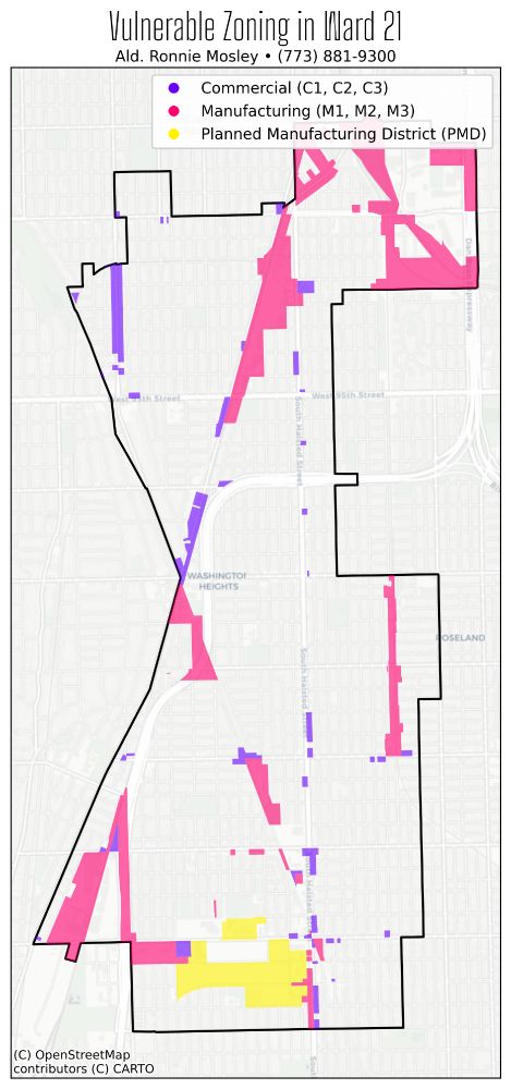 a map color coded to show zoning affected by the cumulative impacts ordinance labeled 

Vulnerable Zoning in Ward 21
Ald. Ronnie Mosley • (773) 881-9300

purple: commercial (c1, c2, c3) 
pink: manufacturing (m1, m2, m3) 
yellow: planned manufacturing district (PMD)