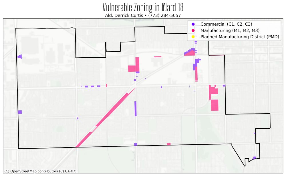 a map color coded to show zoning affected by the cumulative impacts ordinance labeled 

Vulnerable Zoning in Ward 18
Ald. Derrick Curtis • (773) 284-5057

purple: commercial (c1, c2, c3) 
pink: manufacturing (m1, m2, m3) 
yellow: planned manufacturing district (PMD)
