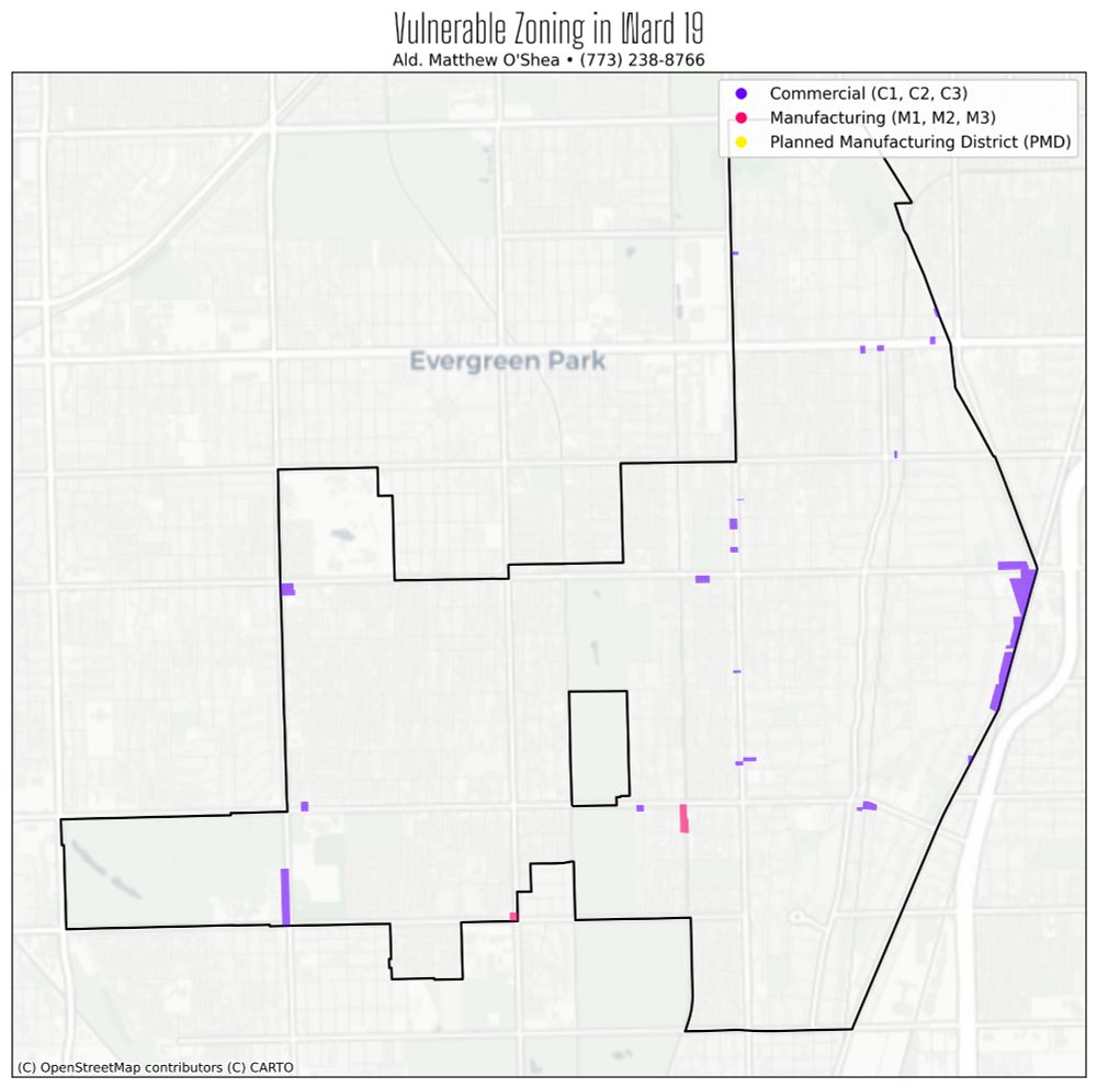 a map color coded to show zoning affected by the cumulative impacts ordinance labeled 

Vulnerable Zoning in Ward 19
Ald. Matthew O'Shea • (773) 238-8766

purple: commercial (c1, c2, c3) 
pink: manufacturing (m1, m2, m3) 
yellow: planned manufacturing district (PMD)
#HazelJohnsonCIO