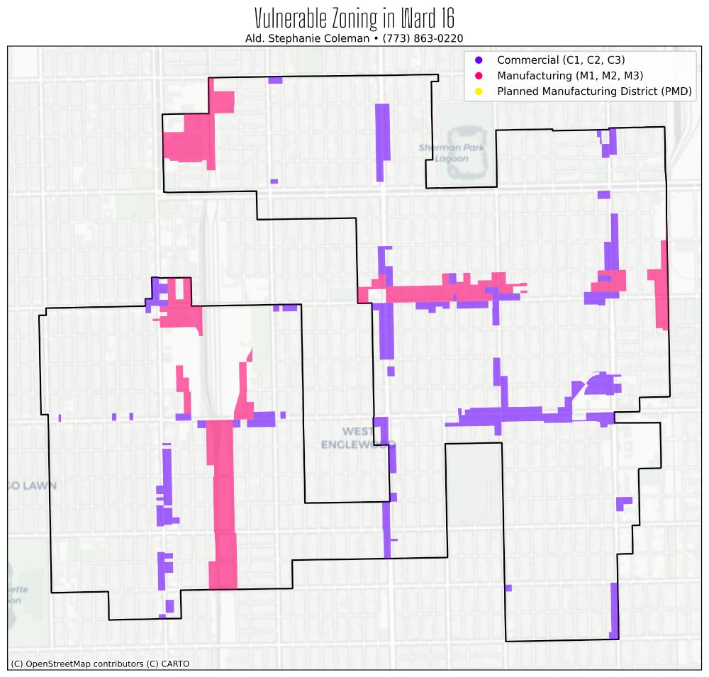 a map color coded to show zoning affected by the cumulative impacts ordinance labeled 

Vulnerable Zoning in Ward 16
Ald. Stephanie Coleman • (773) 863-0220

purple: commercial (c1, c2, c3) 
pink: manufacturing (m1, m2, m3) 
yellow: planned manufacturing district (PMD)